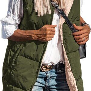 Womens 2025 Fall Reversible Vests Sleeveless Fleece Jacket Zip Up Hoodie Pockets